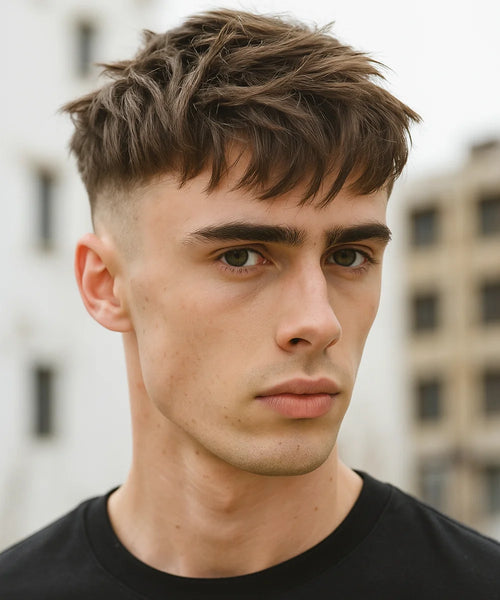Mid fade textured fringe with messy layers and bold shape
