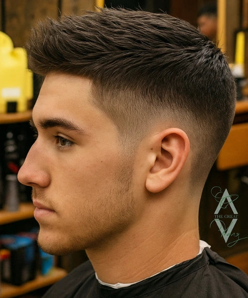 Short quiff hairstyle with tapered sides and textured lifted top for boys and teens.