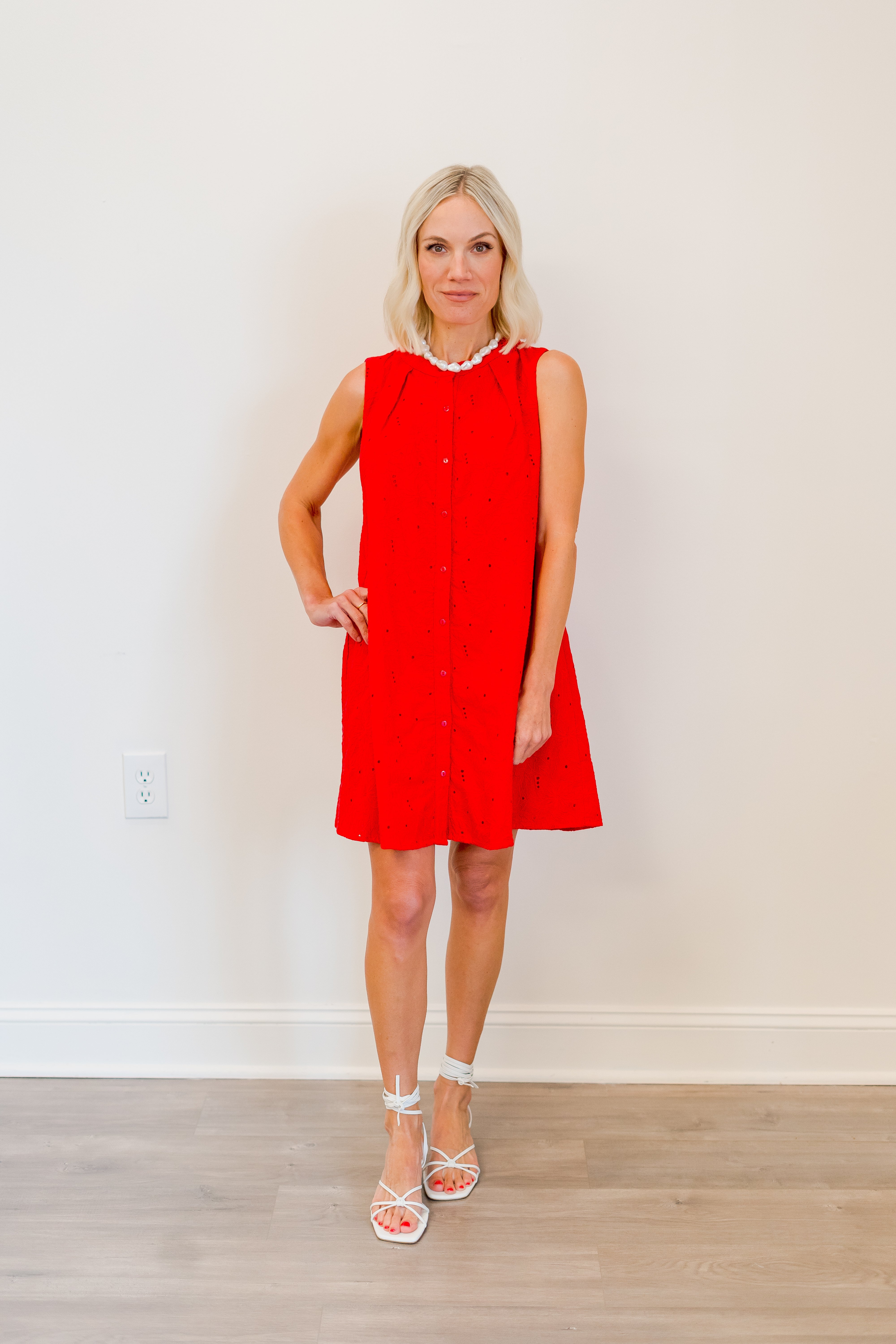 Cotton Eyelet Button Down Dress in Red