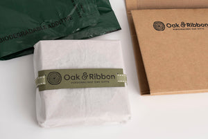 packaging shows parcel wrapped in paper with a ribbon around and a branded label shown with a cardboard box all being recyclable   