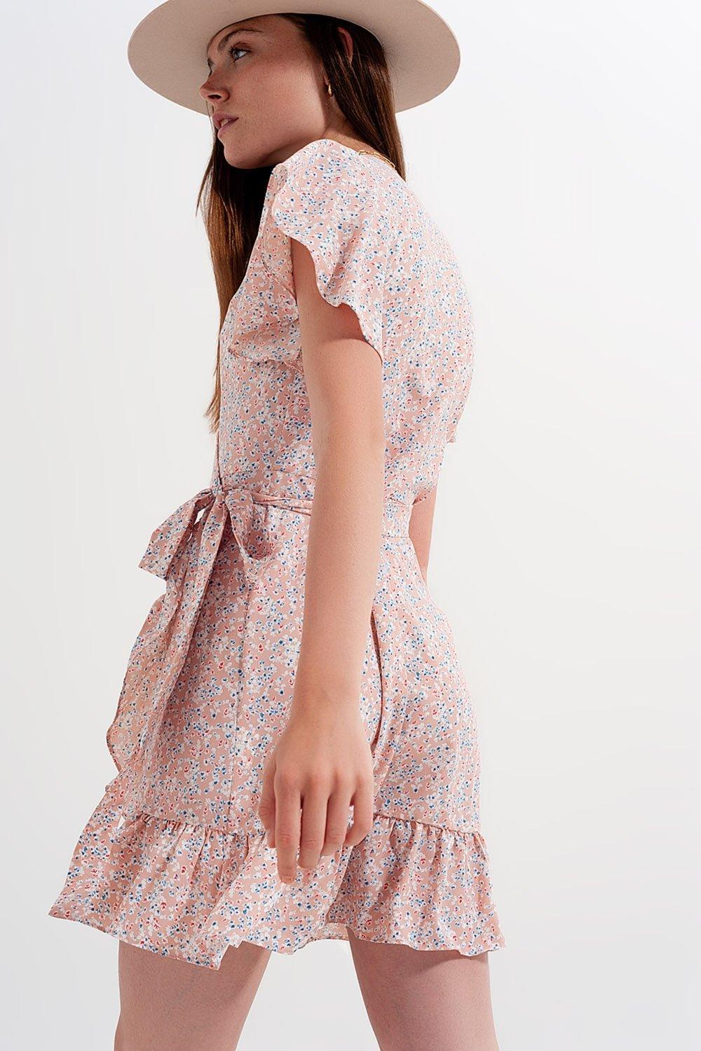 Mini Wrap Dress With Frill Hem in Pink Print from Q2 at Moosestrum.com