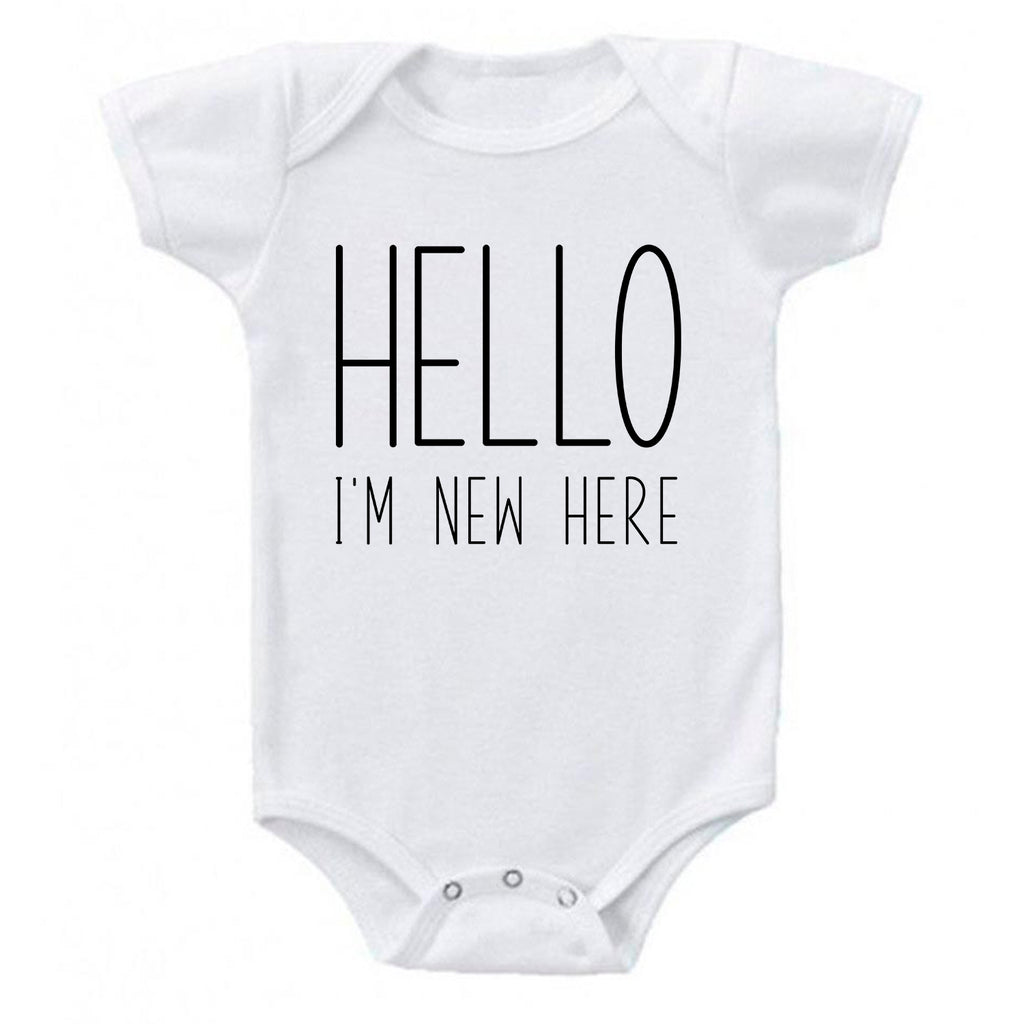 cancerviewfinder® HELLO I'M NEW HERE Baby Reveal Announcement Baby Romper Bodysuit, baby announcement onesie, I'm New Here Onesie