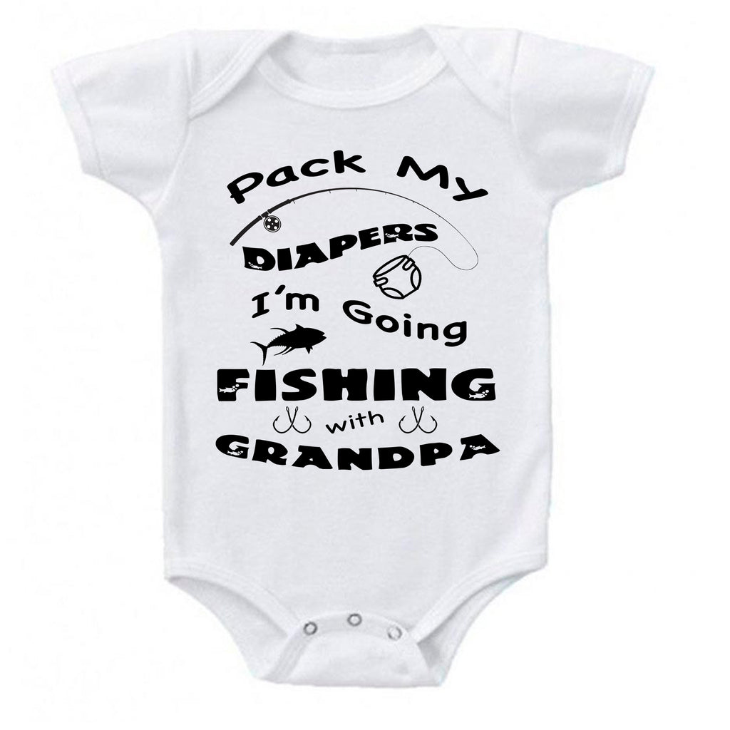 cancerviewfinder® Pack My Diapers I'm Going Fishing with Grandpa Grandparents Pregnancy Reveal Announcement Baby Romper Bodysuit, Grandpa Fishing onesie, grandpa fishing Onesies, Grandpa fishing Bodysuit, Grand baby onesie