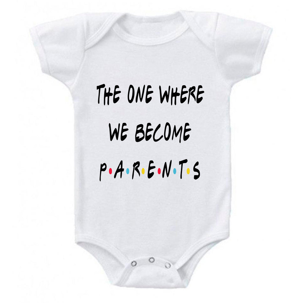 cancerviewfinder® The One Where We Become Parents Announcement Friends Themed Baby Bodysuit