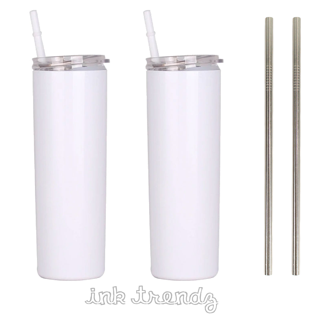 50Pack 20oz White Sublimation Straight Skinny Tumbler Blanks with Plastic  Strwas