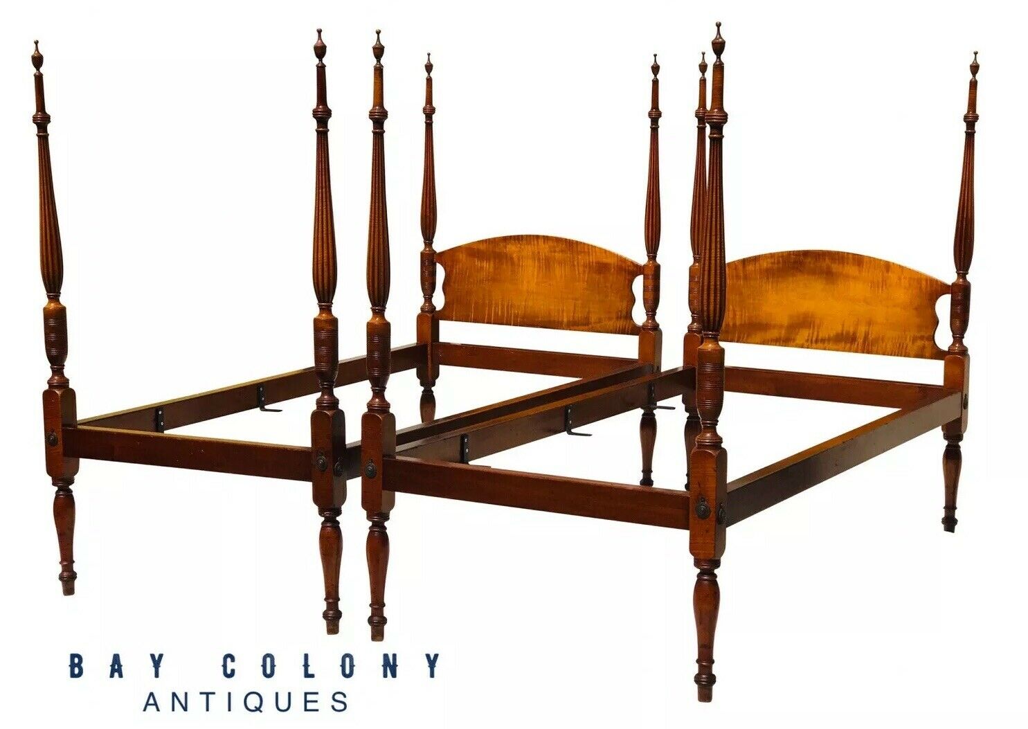 18th C Antique Pair Of Federal Period Tiger Maple Twin Beds Bay