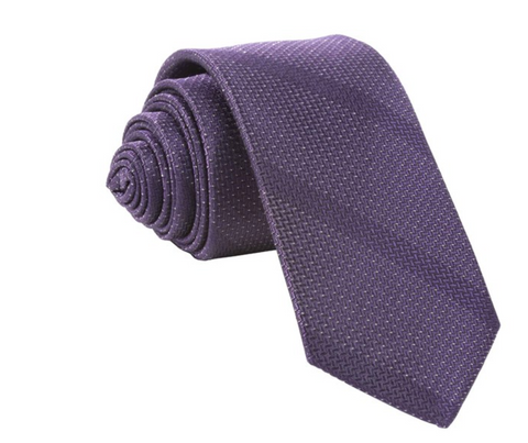 eggplant color tie with gray diagonal stripes rolled up