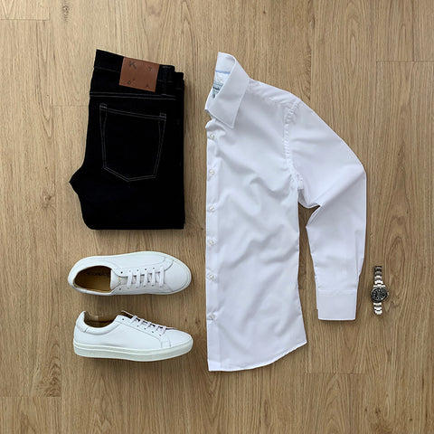 dress shirt with jeans and sneakers