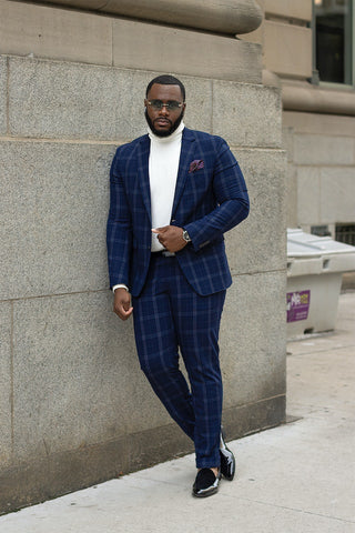 Blue suit with white turtleneck