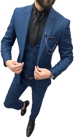 man wearing blue suit with black shirt