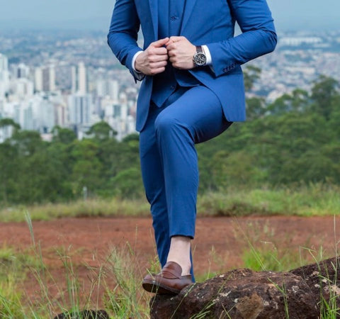 business casual navy suit with brown loafers