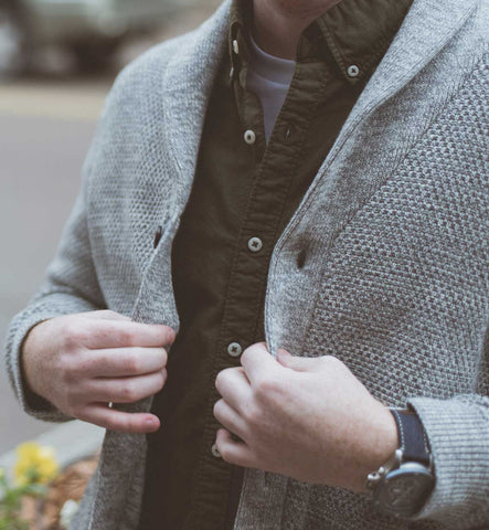 cardigan with dress shirt close up shot