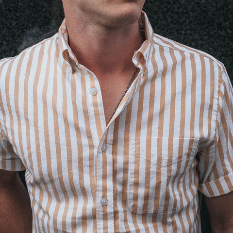 white shirt with brown stripes single pocket