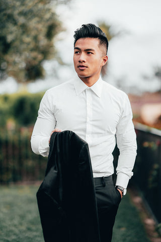 white dress shirt with black coat, model in front view