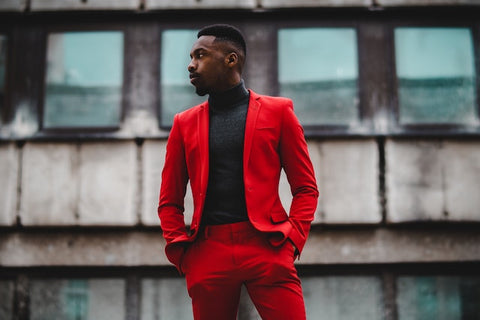 Red suit with black turtleneck