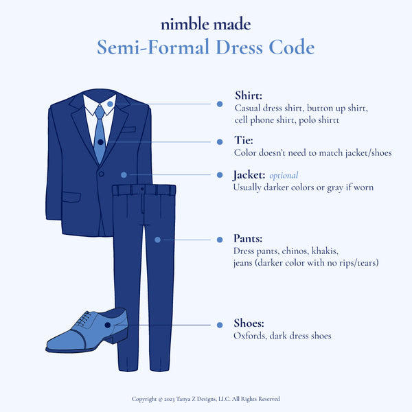 semi formal mens attire and dress code infographic from nimble made