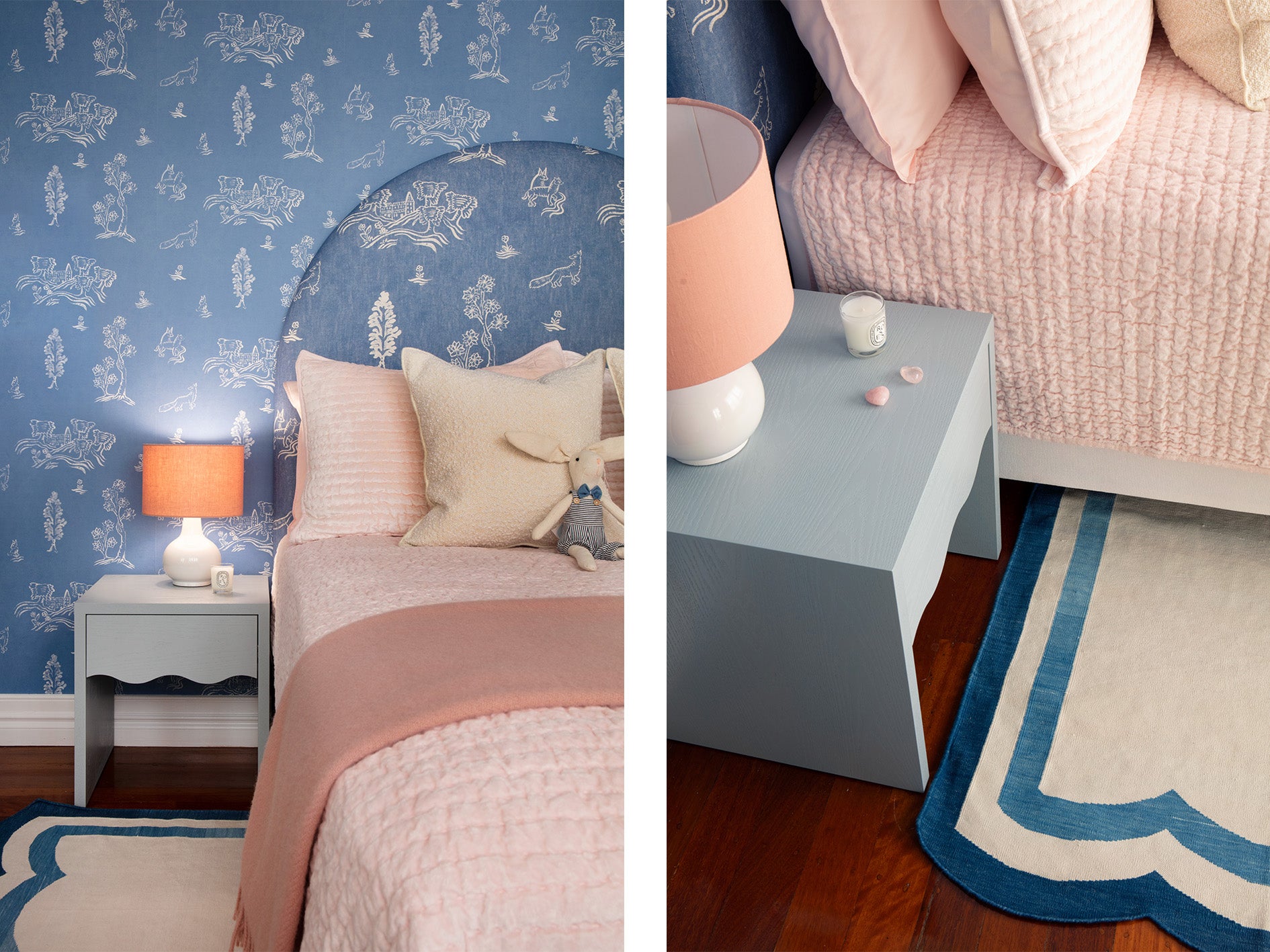 Blue and White scalloped rug in little girls with scalloped bedside Tables