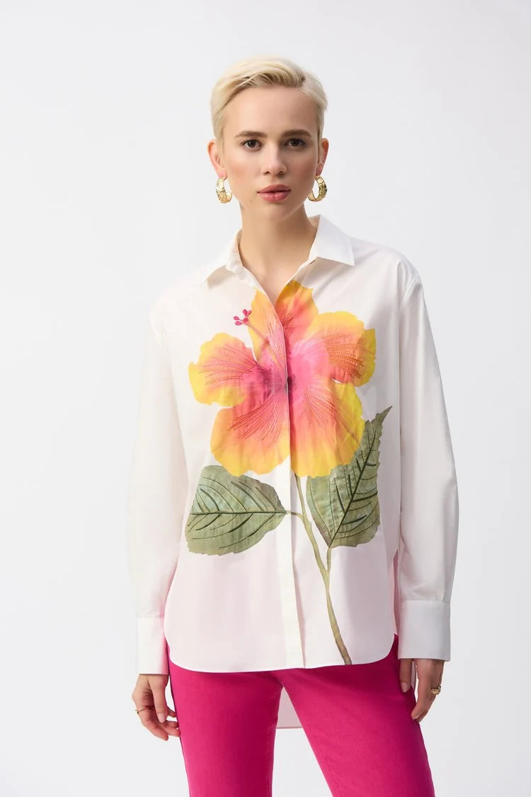 Embroidered Flower Cotton Shirt - Vanilla Multi
