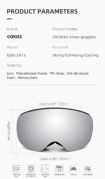 ski goggles size chart