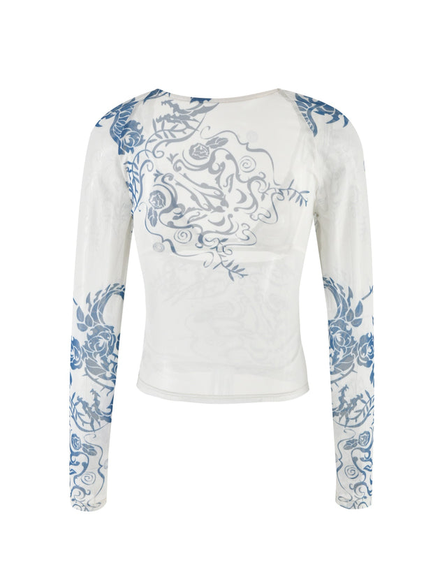 CHRISTY MESH LONG SLEEVE TOP - BLUE : TATTOO : TATTOO PRINT