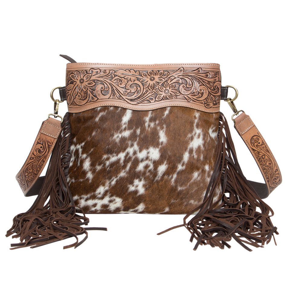 The Design Edge Cusco Tooling Leather Cowhide Bag with Fringes