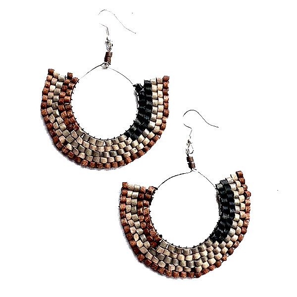 Brown & Black Beaded Wire Wrapped Hoop Earrings