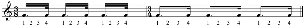Excerpt taken from the complete classical piano course showing dotted semiquavers becoming dotted quavers