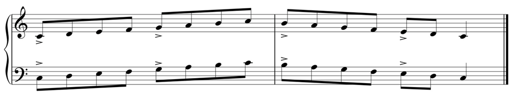 C major scale technique using accents in the treble and bass clef