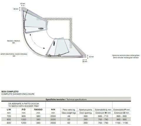 Dettagli tecnici Colacril FS40 semicircolare asimmetrico