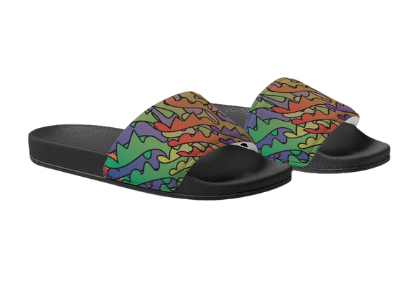 elevate, slides, summer slides, shoes, sandals, skcreations llc, sharon a. keyser, wearable art, multicolored slides