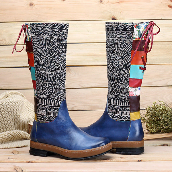 Bohemian Splicing Pattern Flat Leather Knee Boots - Dealggo.com