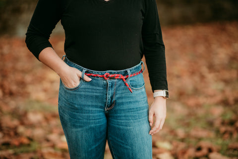 woman wearing a high quality red rope belt from Lizard Tail belts