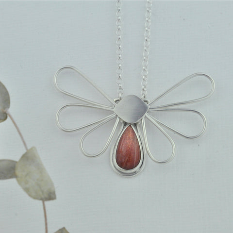 Moth silver necklace moveable pear sunstone body