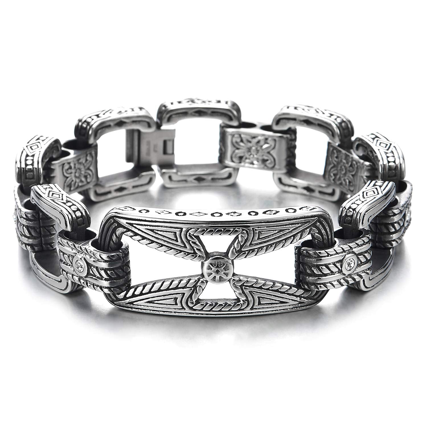 COOLSTEELANDBEYOND Mens Double-Row Braided Leather Bracelet Bangle  Wristband with Stainless Steel Ornaments