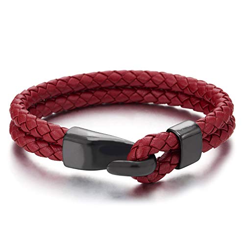 Mens Womens Two-Row Red Braided Leather Bangle Bracelet Wristband with ...