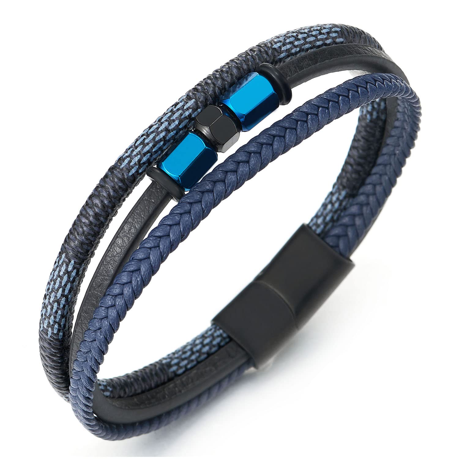 Three-Strand Navy Blue Braided Leather Bracelet Wristband with Blue ...