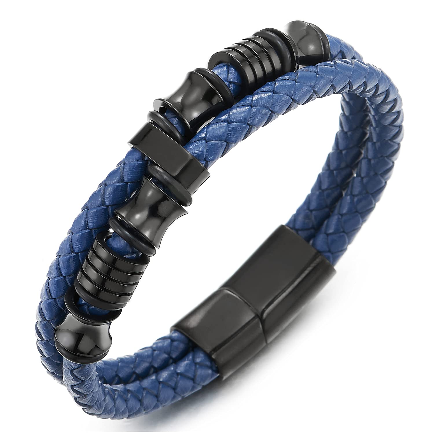 Mens Double-Row Blue Braided Leather Bracelet Bangle Wristband with ...