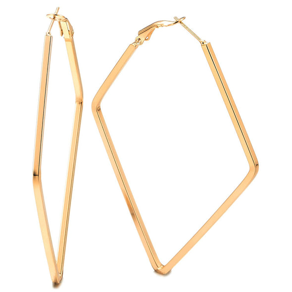 Dazzling Large Gold Color Statement Earrings Rhombus Huggie Hinged Hoop, Prom Party Event Banquet