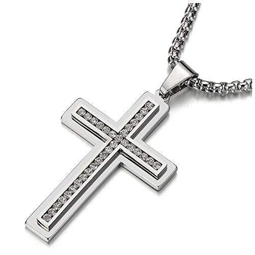 Men Women Large Stainless Steel Cross Pendant Necklace with Cubic ...