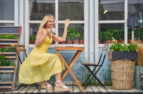 Yellow Dress with White Wedge Shoes