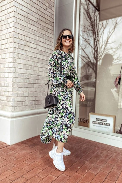 Floral midi dress sunglasses white sneakers