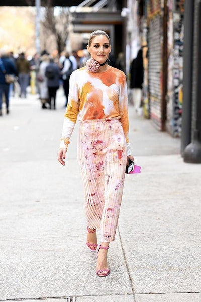 Olivia Palermo New York Fashion Week 2022 prints printed sweater printed pleated skirt stiletto sandals