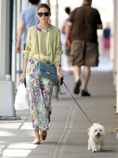 Olivia Palermo stroll Brooklyn pet printed see-through skirt patterned blouse crossbody sling bag shades casual flats