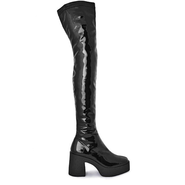 akaada Yoshi Black Thigh-High Stretch Patent crinkle Boots