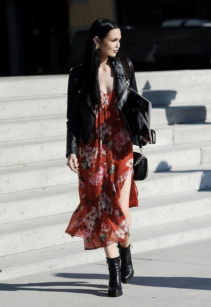 black ankle boots floral dress leather jacket