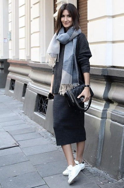 black sweater dress scarf bag white sneakers