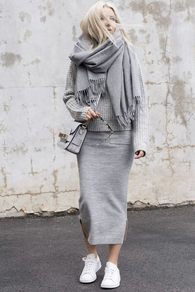 grey sweater dress scarf bag sunglasses white sneakers