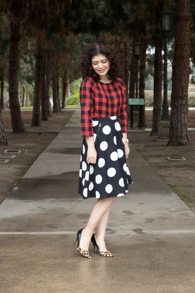 polka dot skirt bold print plaid print shirt animal print shoes