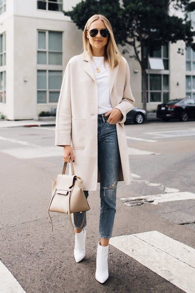 white ankle boots jeans coat
