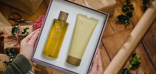 Image shows After the Rain Body Care Gift Set (Bath & Shower Gel and Body Lotion), boxed and ready to wrap for Christmas
